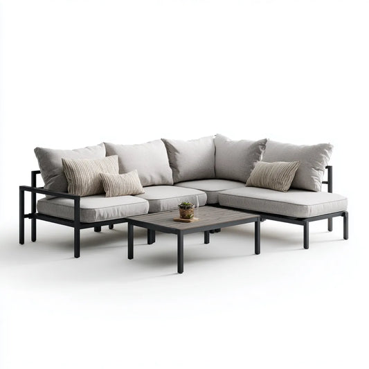 Sofa ogrodowa, Taras z lakierem jasnoszarym z narożną sofą i stołem do kawy ze stali proszkowo-pokrytej 240 x 240 x 75 cm