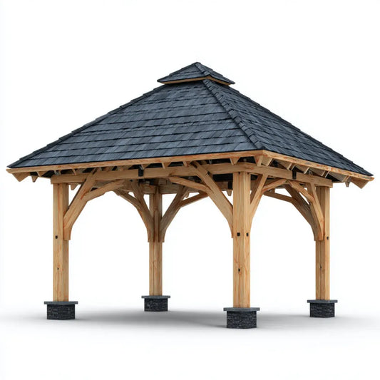 Altana lub pergola, Drewniany pawilon kwadratowy naturalna antracyt 400 x 400 x 420 cm z impregnowanego drewna sosnowego z dachem biodra