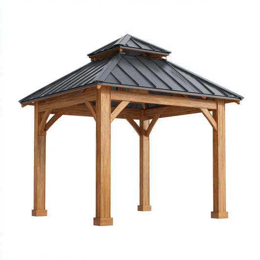 Altana lub pergola, Pawilon ogrodowy wykonany z litego drewna cedrowego naturalny brązowy z wąglika kolorowy dach stalowy kwadrat 300 x 300 x 300 cm